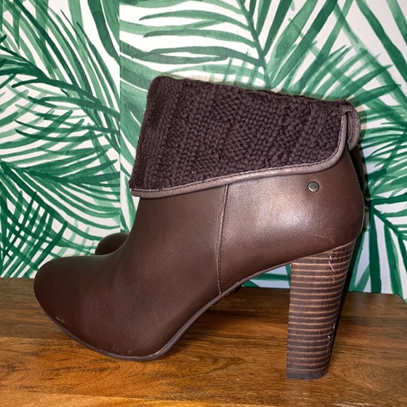 UGG 1008755 Dandylion Tres Brown Leather Sweater Cuff Ankle Boots Women’s 10 - Picture 4 of 12